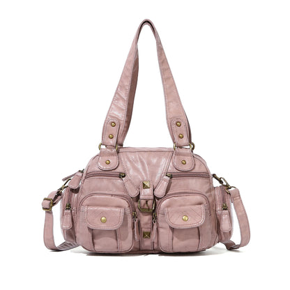 Damen-Umhängetasche aus Leder in Pink Vintage-Look mit Mehrfachfächern und Großem Fassungsvermögen