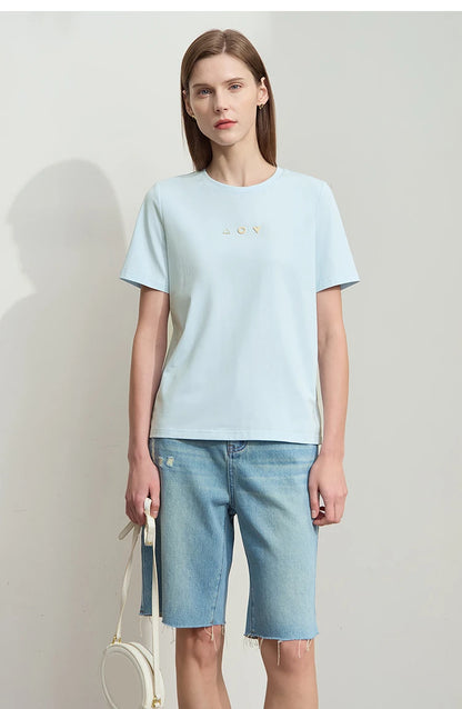 Damen T-Shirt mit O-Ausschnitt und geometrischer Dekoration aus antibakterieller Baumwolle