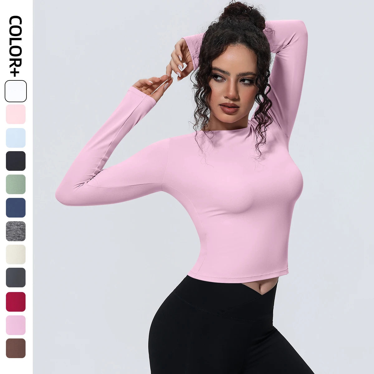 Atmungsaktives Yoga-Langarmshirt in Rosa, eng anliegender Schnitt mit Rundhalsausschnitt
