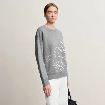 Damen-Rundhalspullover Tier-Jacquard locker Langarm Winter