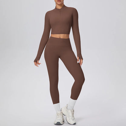 Braunes Damen-Yogaset: Sportshirt mit Reißverschluss und Leggings