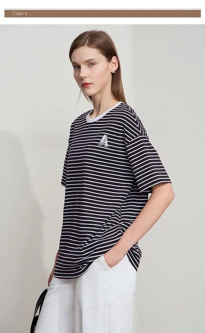 Damen T-Shirt aus reiner Baumwolle mit lässigem Streifenmuster und kurzen Ärmeln