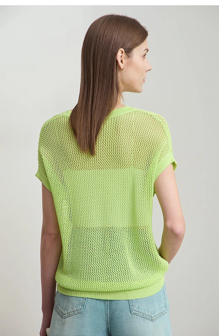 Damen V-Ausschnitt Pullover Viskose Kurzarm Aushöhlung Sommer