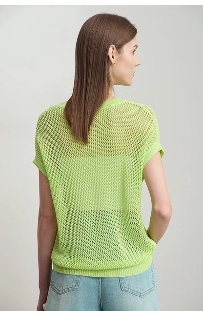 Damen V-Ausschnitt Pullover Viskose Kurzarm Aushöhlung Sommer