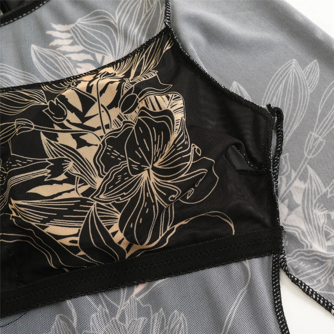 Damen-Badeanzug 3-teilig Print Langarm Sarong-Set gepolstert