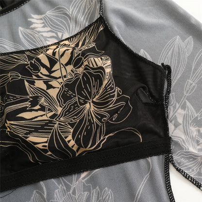 Damen-Badeanzug 3-teilig Print Langarm Sarong-Set gepolstert