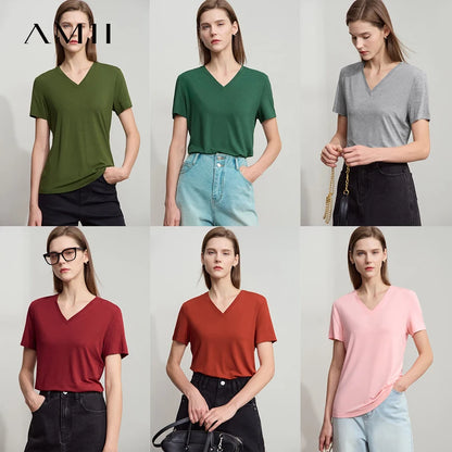 Damen T-Shirt im minimalistischen Casual-Stil mit V-Ausschnitt und kurzen Ärmeln