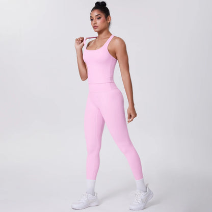 Damen Yoga-Set mit Trägertop und Leggings, einfarbig rosa, Dreiviertel-Ansicht
