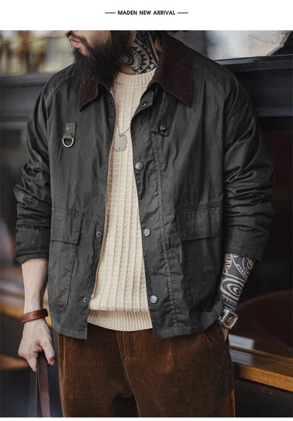 Herren Angeljacke Vintage Gewachst Cordkragen mit Taschen Mantel Herbst Classic Overcoat