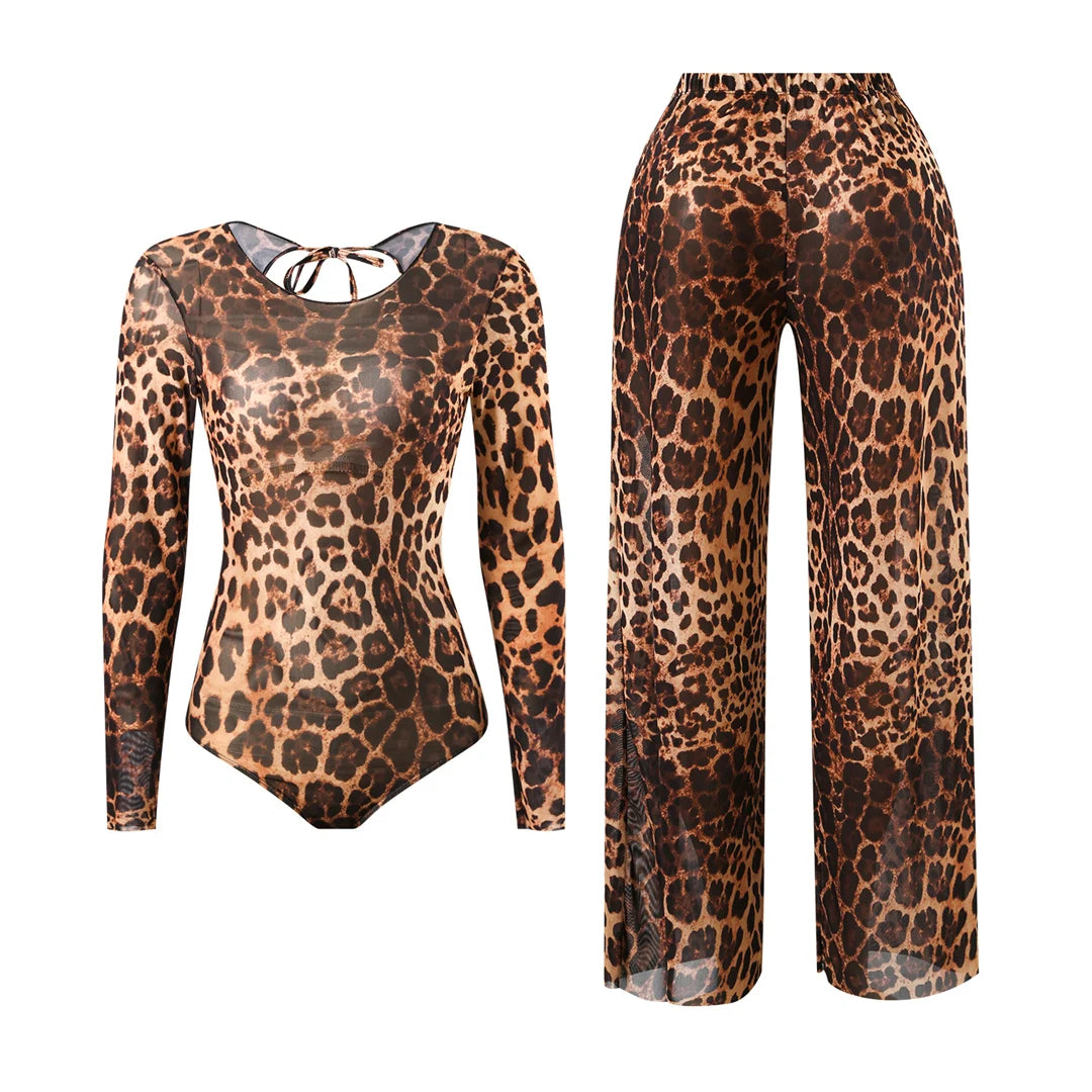 Damen Badeanzug Langarm Leopardenmuster mit Hose Einteiler gepolstert