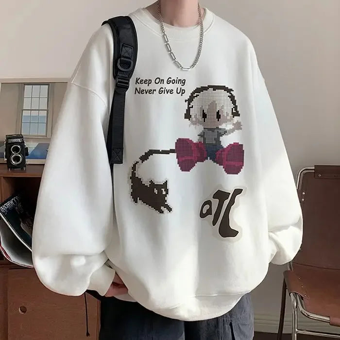 Vintage Oversize Herren-Sweatshirt mit Fist-Print und Rundhalsausschnitt – Herbst/Winter Langarmshirt mit Samtfutter im High-Street-Trend