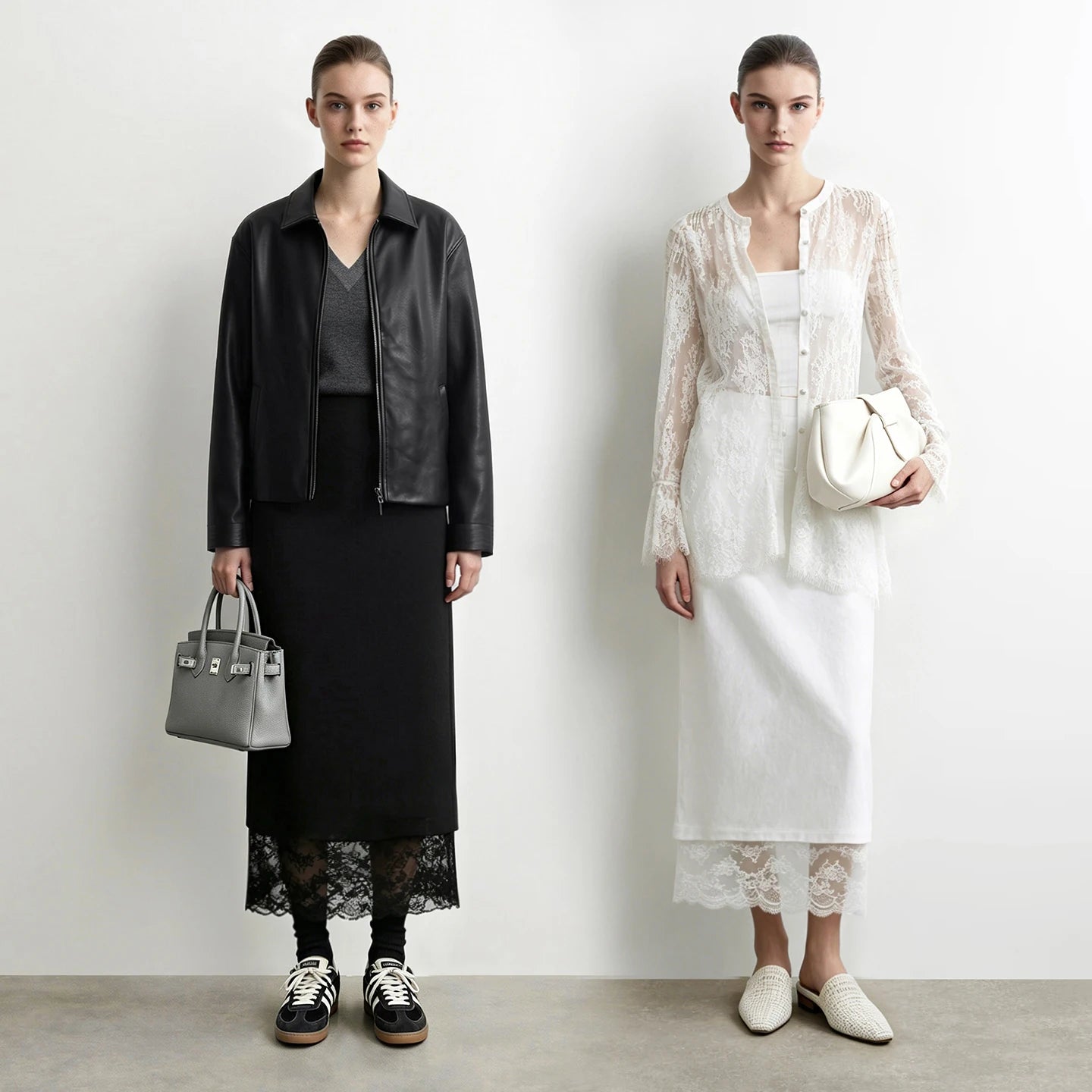 Damenrock: schwarze und Off-White Variante mit Spitzenbesatz am Saum