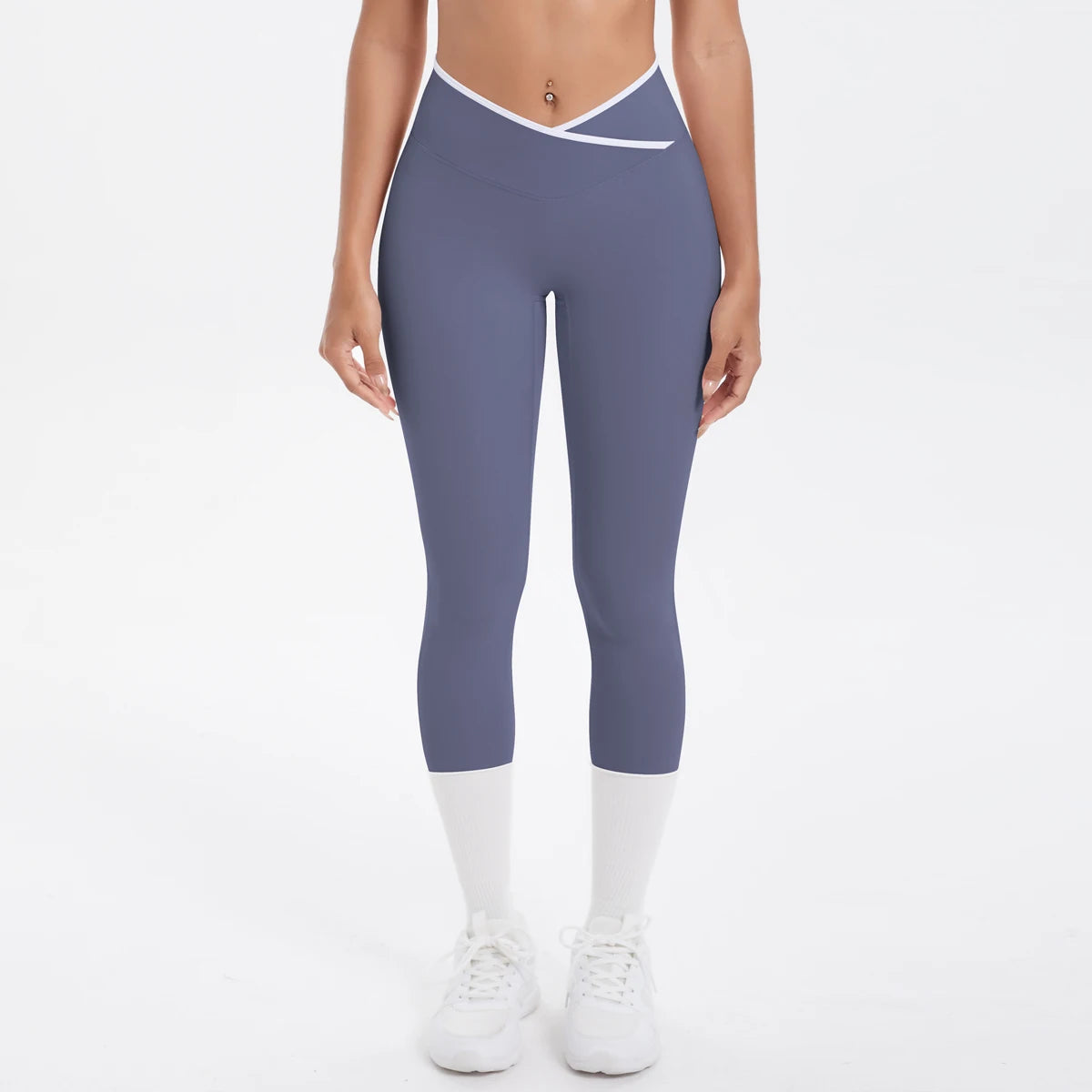 Damen Yoga-Leggings, hohe Taille, blau-grau mit kontrastierendem Bund, 3/4-Länge