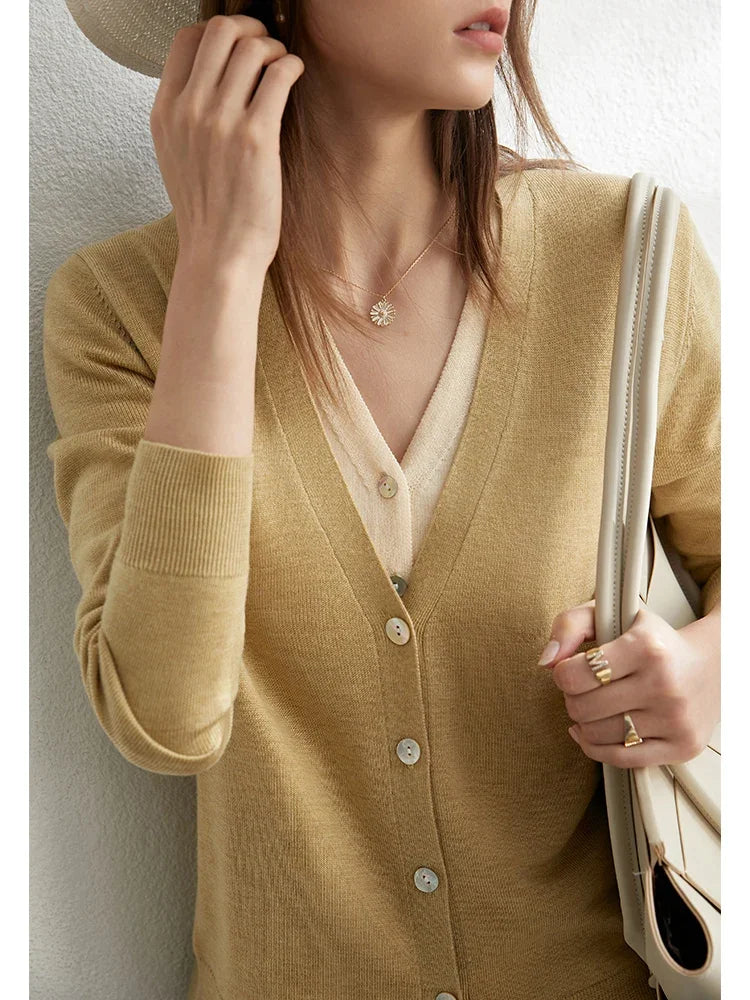Damen-Strickjacke V-Ausschnitt dünn locker Patchwork Sommer