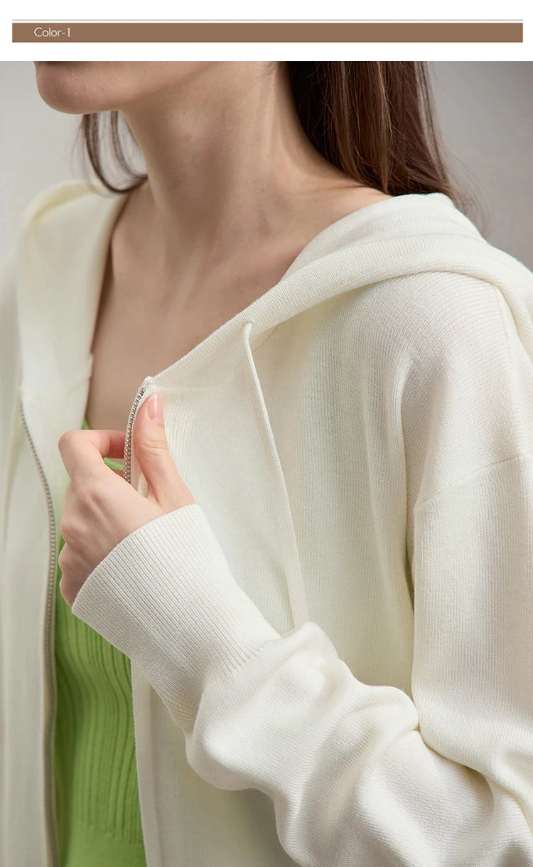 Damen-Strickjacke Kapuze Reißverschluss locker Wolle-Mix Herbst-Winter