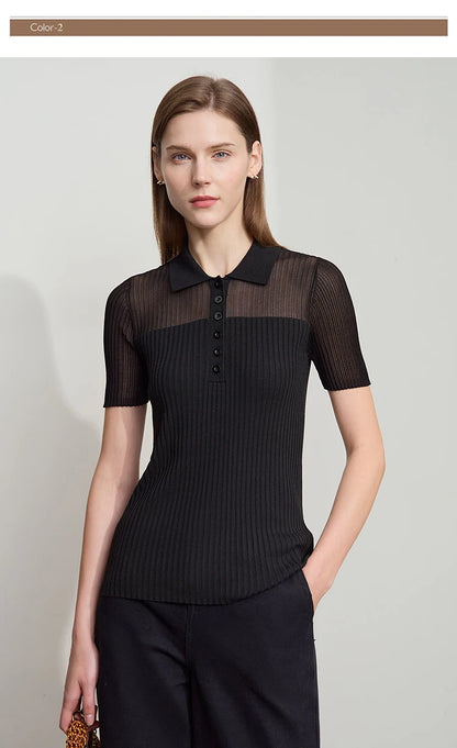 Damen Strickoberteil mit Revers und halber Knopfleiste für den Sommer