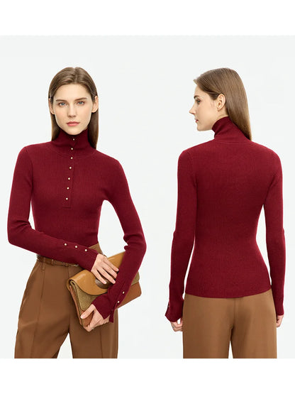 Damen-Strickjacke Rollkragen Knopfleiste Slim halboffene Front Herbst
