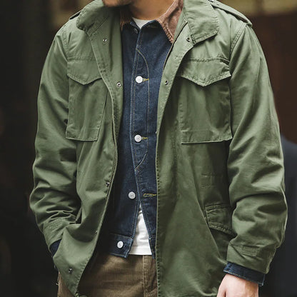 Herren Feldjacke Grüne Vintage-Armeejacke Lässige Windjacke Reverskragen Taschen Mantel