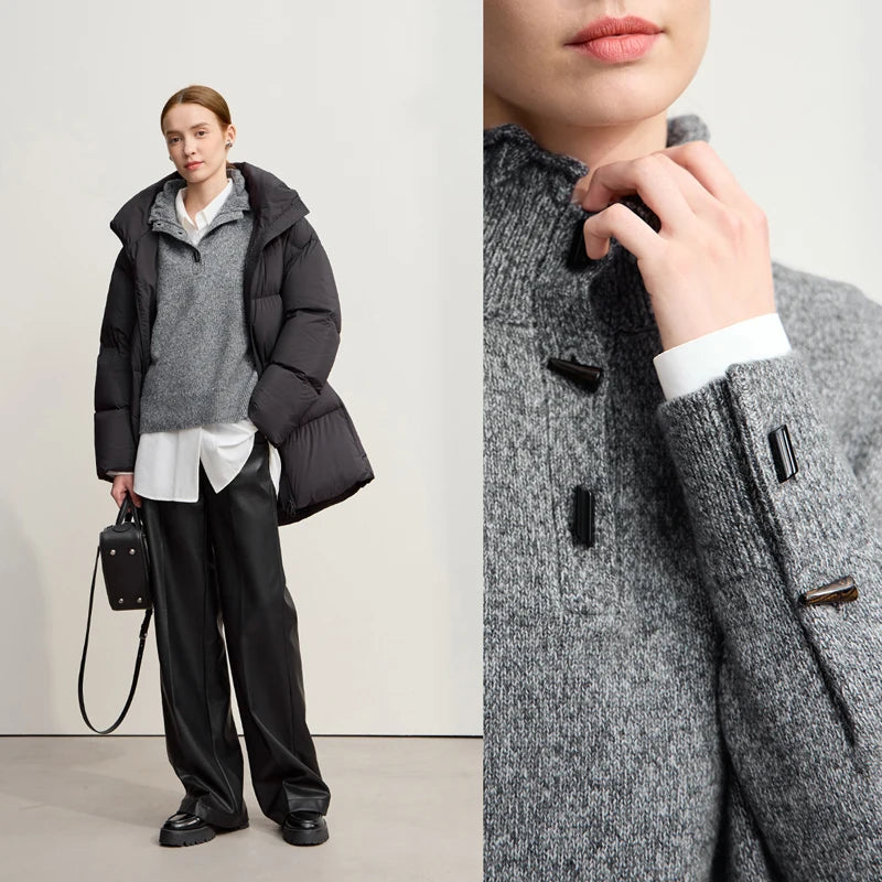 Damen-Rollkragenpullover locker Knopf Raglanärmel Winter
