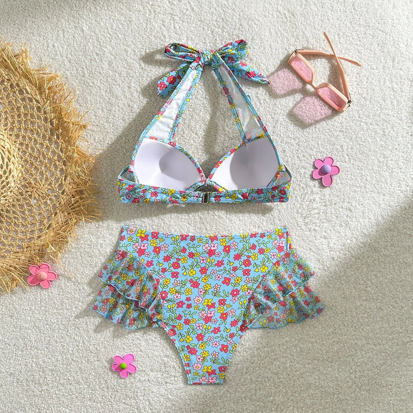 Bauchfreies Bikini-Set mit Push-up-Effekt und hohem Bund – ideal für Strand und Pool