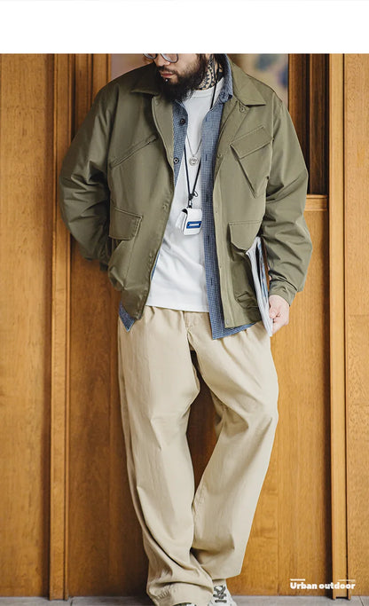Herren Jacke Urban Outdoor Große Taschen Grüne Lässige Revers Jacke