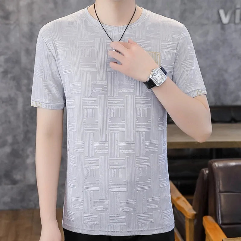 Herren T-Shirt aus Seide mit kurzem Arm und Streifen-Druck für Sommer
