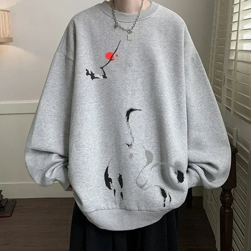 2025, neue Tinte Malerei Kran Gedruckt Pullover Hoodies Für Männer Frühling Hip Hop Mode Oansatz Hoody Y2K Streetwear Sweatshirts