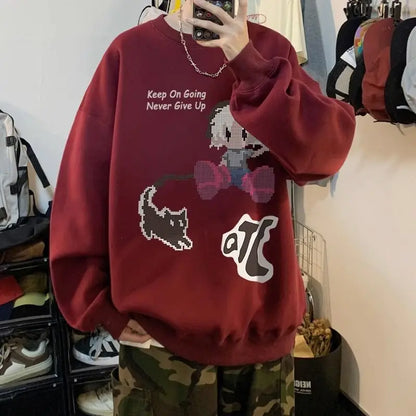 Japanischer Vintage-Pullover mit Fleece, Rundhalsausschnitt und Print – Lässiger Langarm-Hoodie für Herren im Winter.