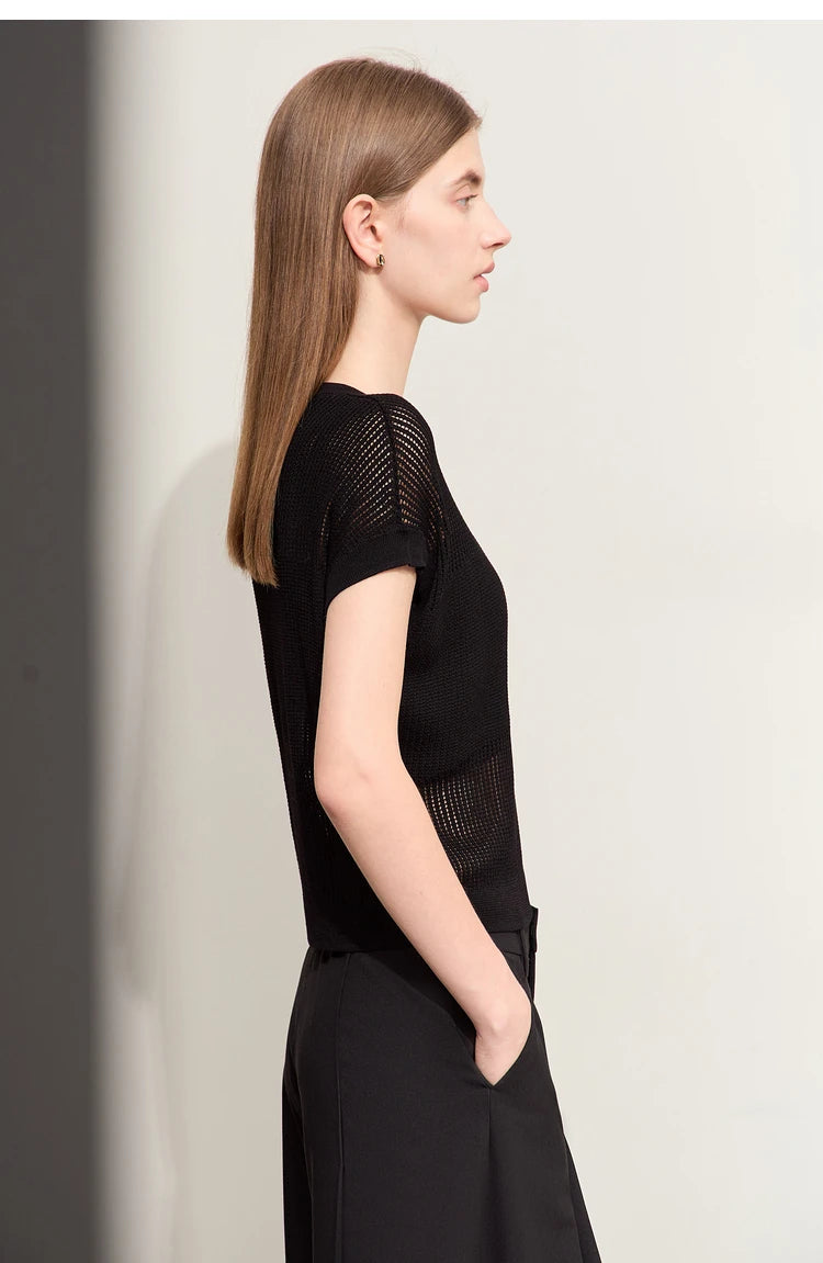 Damen-Wollstrickpullover Seitenansicht, kurzärmelig, schwarz, transparentes Strickmuster