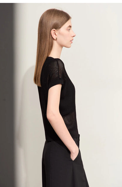 Damen-Wollstrickpullover Seitenansicht, kurzärmelig, schwarz, transparentes Strickmuster
