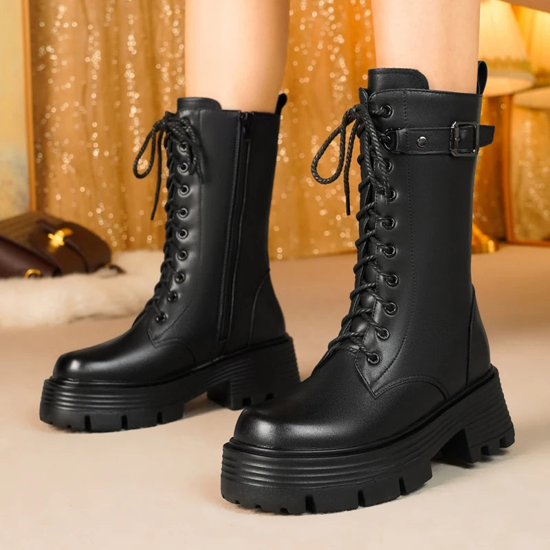 AIYUQI Women's Winter Shoes 2025 New Genuine Leather Women's Biker Boots Large Size 41 42 43 Warm Platform Women's Snow Boots