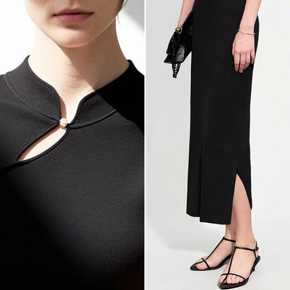 Elegantes Damen Strickkleid Mit Bequemem Stretch Und Chinesischem Stil