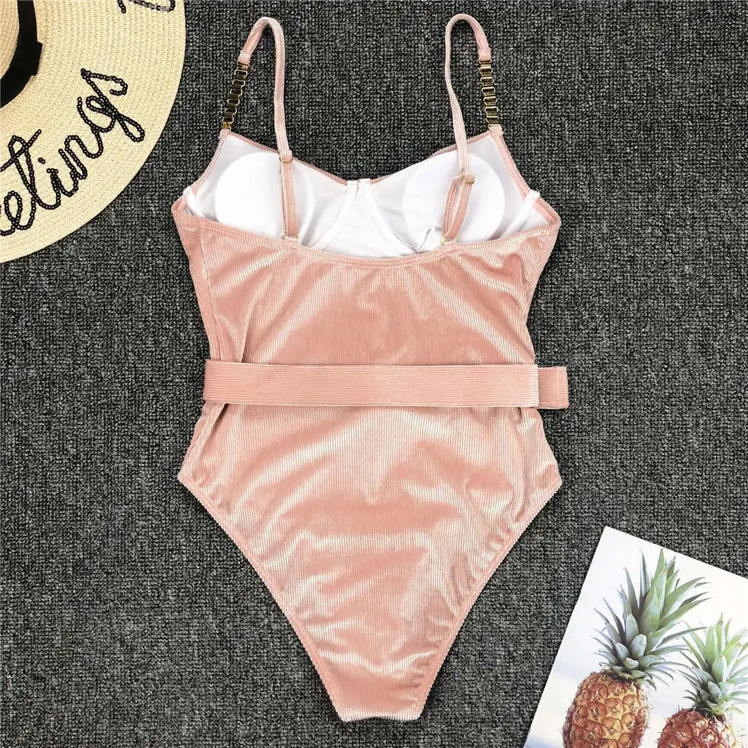 Damen-Badeanzug Rippe Gürtel High-Cut Bodysuit einteilig