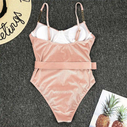 Damen-Badeanzug Rippe Gürtel High-Cut Bodysuit einteilig