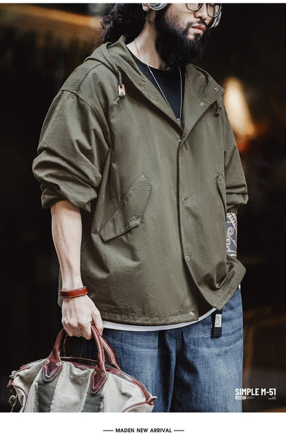 Herren Kapuzenjacke Vintage Grün Lockere Taschen Versteckte Knopfleiste