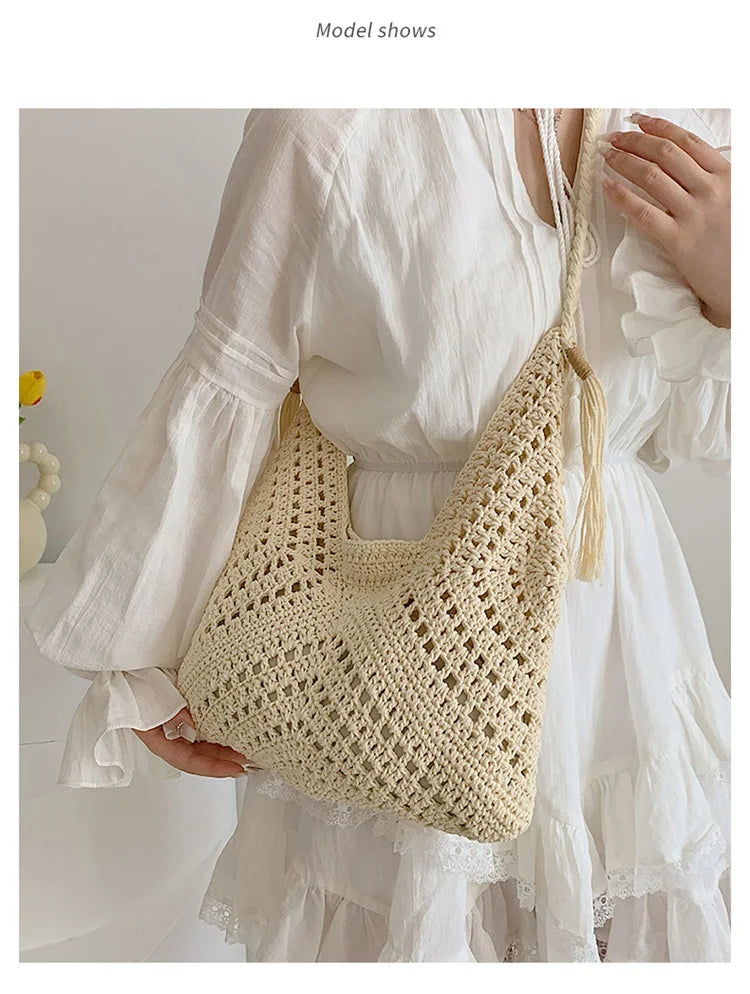 Damen Tote Bag Beach Woven Travel Shoulder Crossbody Purse