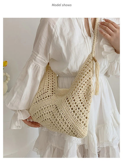 Damen Tote Bag Beach Woven Travel Shoulder Crossbody Purse