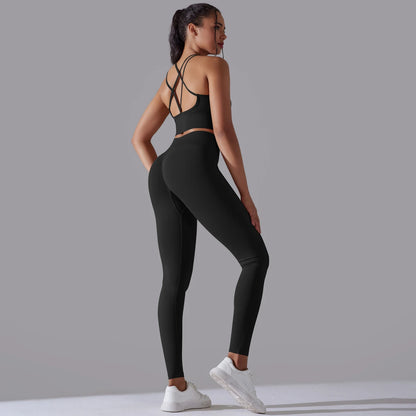 Hamidou nahtloses Yoga-Set, schwarzes Top mit Trägern und enganliegende Leggings
