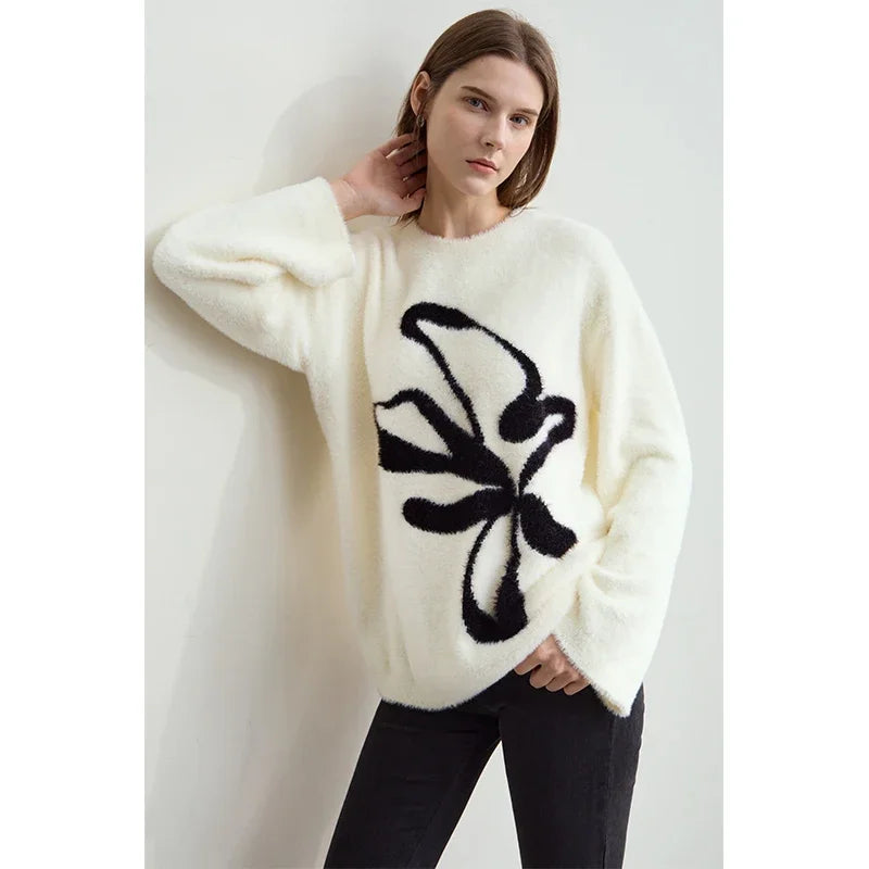 Damen-Jacquardpullover, cremig-weiß mit schwarzem Schleifenmuster, Langarm, lockere Passform