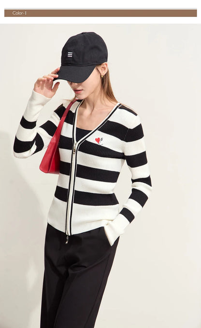 Damen-Strickjacke Kaschmir-Wolle Slim Streifen Reißverschluss Herbst
