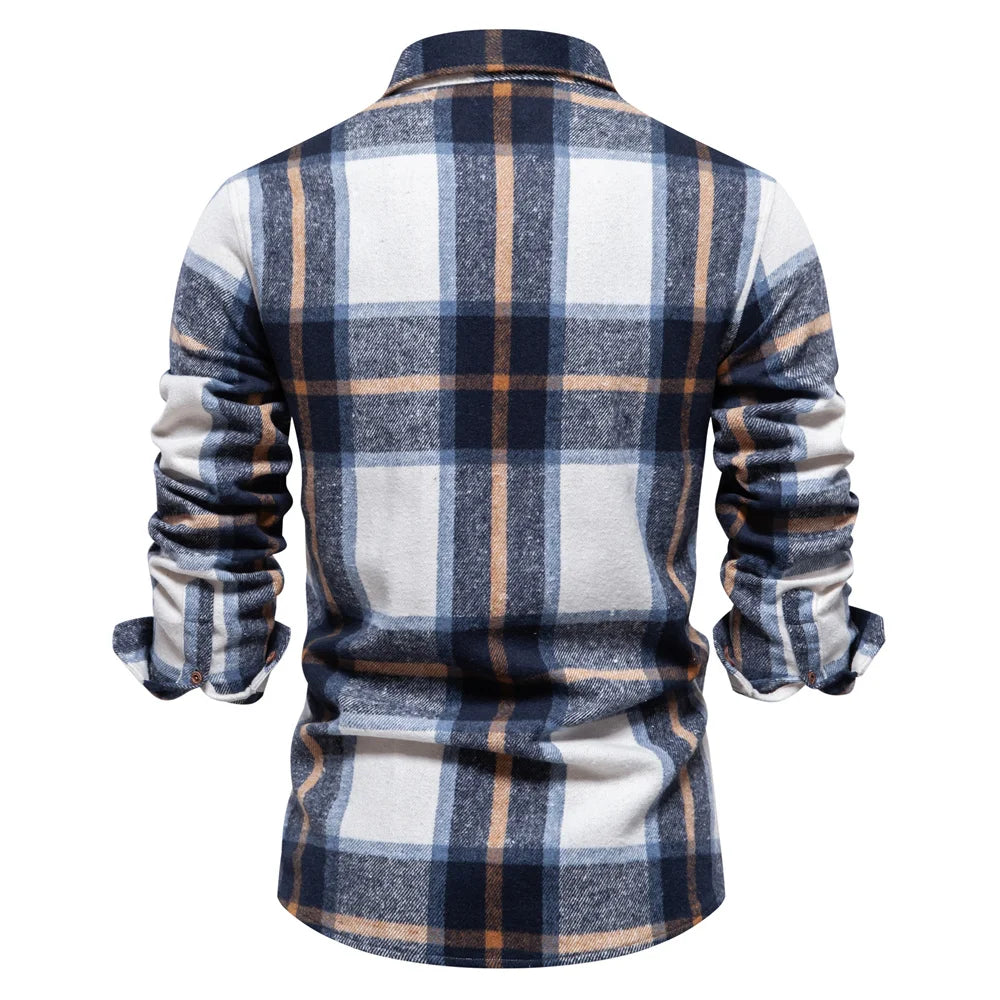 Herren Kariertes Hemd im Casual-Stil mit doppelten Taschen für Herbst und Winter