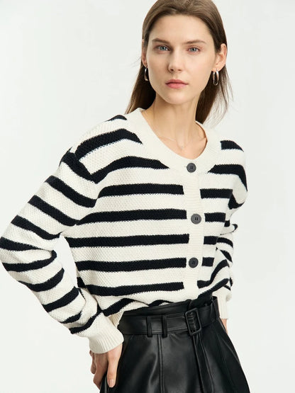 Damen-Strickjacke Baumwolle-Wolle Streifen Kontrastfarben locker Herbst