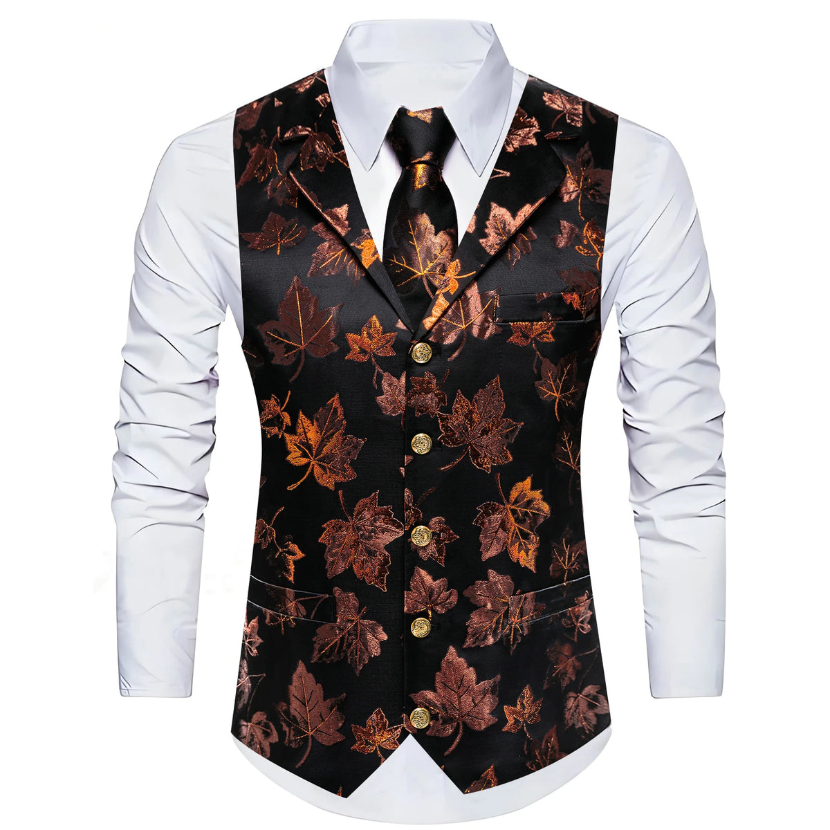 Herrenweste mit Jacquard-Ahornblattmuster in Schwarz und Orangebraun, Revers und Knöpfe