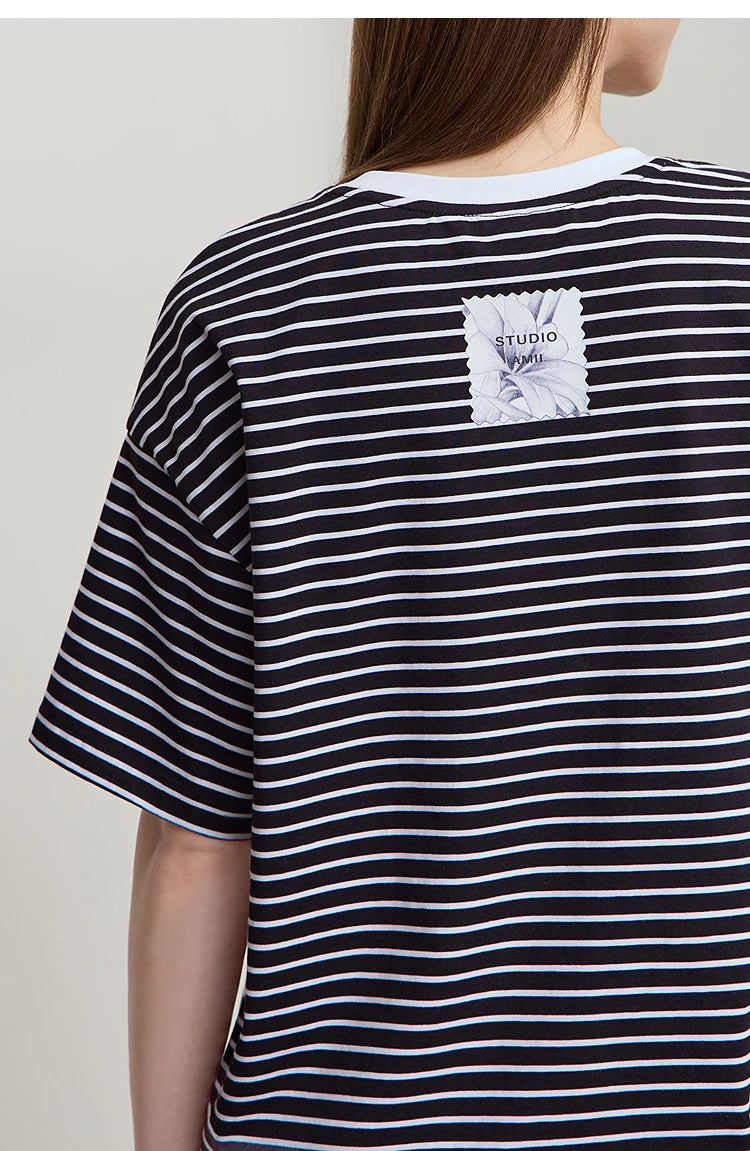 Damen T-Shirt aus reiner Baumwolle mit lässigem Streifenmuster und kurzen Ärmeln