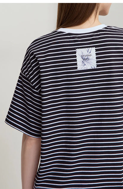 Damen T-Shirt aus reiner Baumwolle mit lässigem Streifenmuster und kurzen Ärmeln