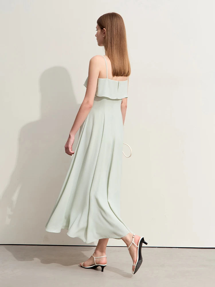 Mintgrünes Chiffon-Sommerkleid mit Spaghettiträgern und Volant, Rückansicht