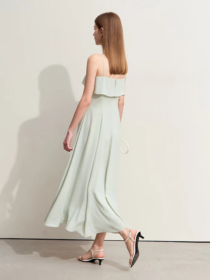 Mintgrünes Chiffon-Sommerkleid mit Spaghettiträgern und Volant, Rückansicht