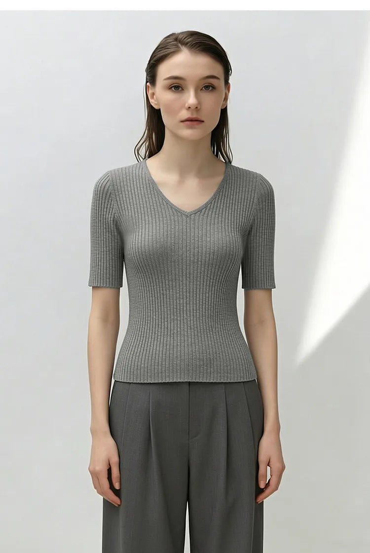 Damen V-Ausschnitt Pullover gerippt Kurzarm Viskose Büro Sommer