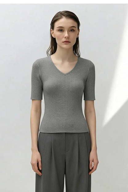 Damen V-Ausschnitt Pullover gerippt Kurzarm Viskose Büro Sommer