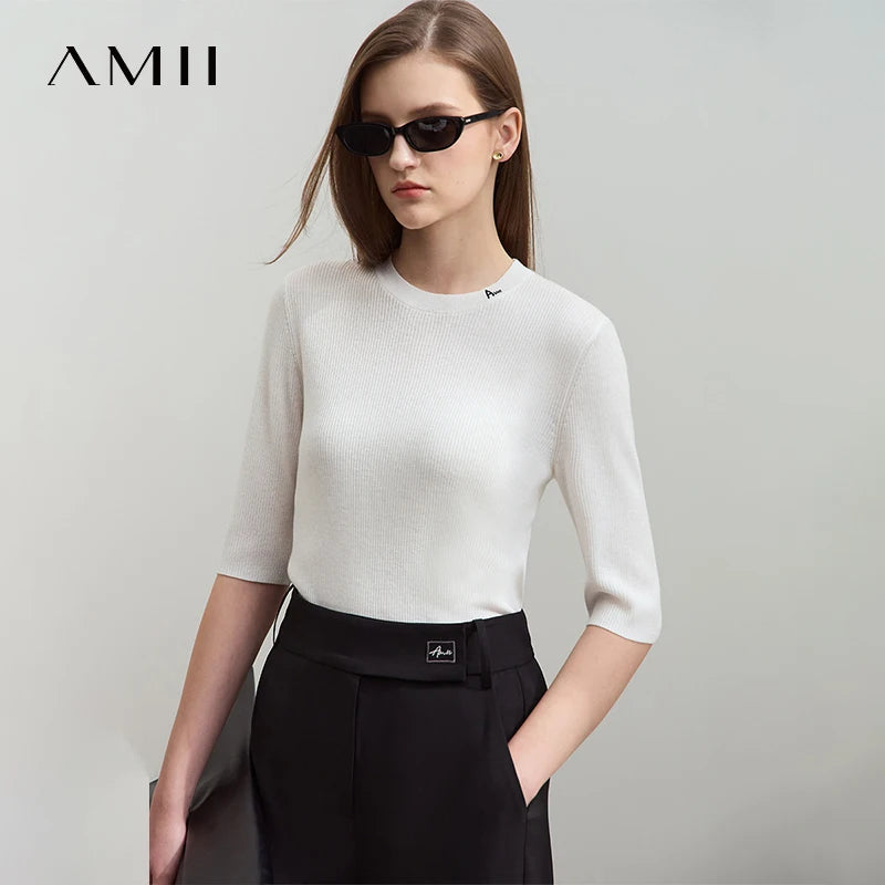 Damen-Strickpullover mit Rundhalsausschnitt, offwhite, 3/4-Ärmel, feine Rippenstruktur
